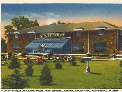 Grassyfork Fisheries vintage postcard of old grassyfork building and garden